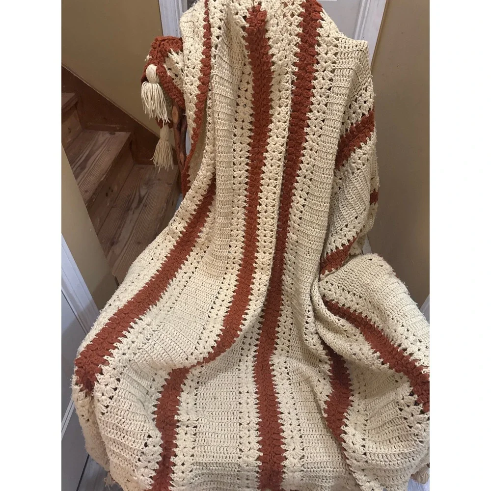 Vintage Handmade Crochet Afghan Blanket Striped Cream Rust Orange Boho Tassels